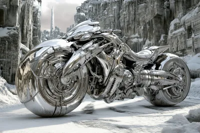 Futuristic Chrome Motorcycle In A Frozen Icy Landscape