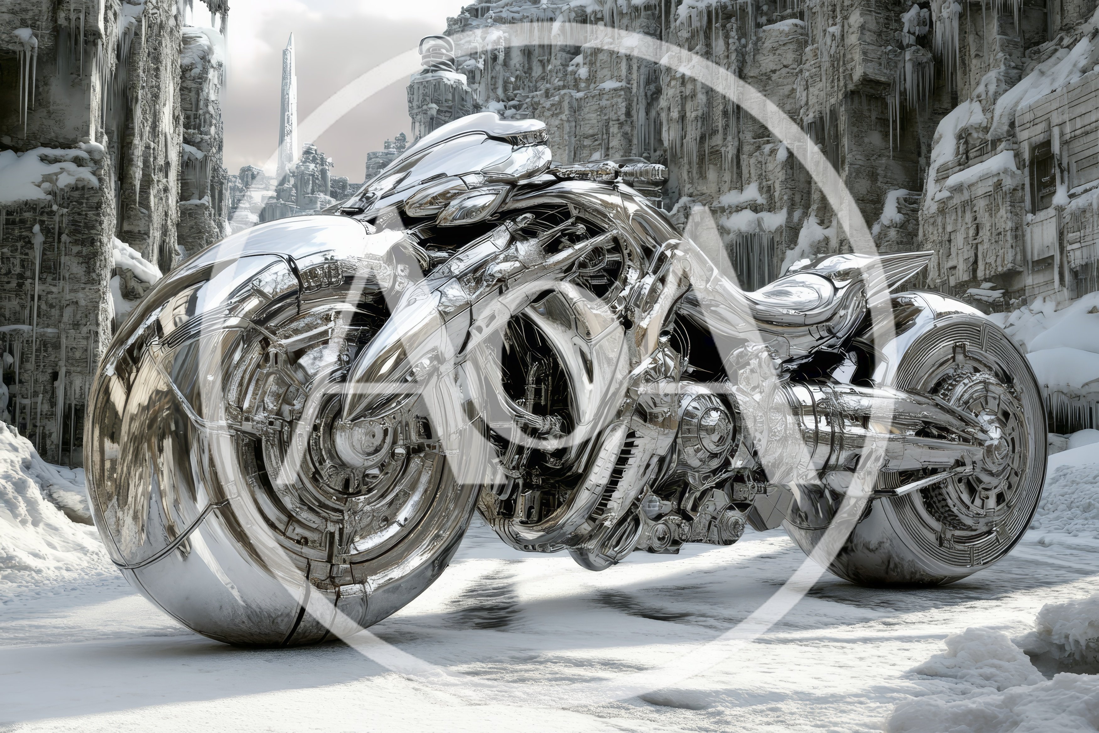 Futuristic Chrome Motorcycle In A Frozen Icy Landscape