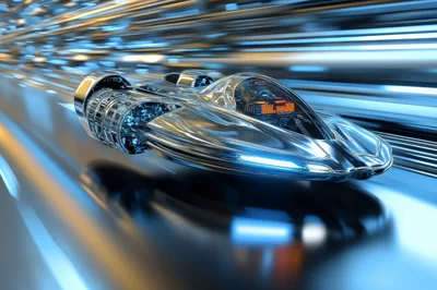 Futuristic Chrome Spacecraft Traveling At High Speed