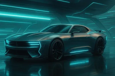 Futuristic Sports Car In Neon Lit Garage