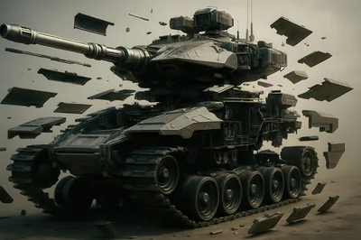 Futuristic Tank Disassembling Into Floating Armor Plates
