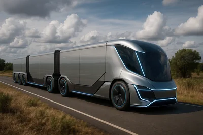 Futuristic Autonomous Semi Truck Driving On Rural Road