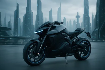 Futuristic Black Motorcycle Parked in Cyberpunk City