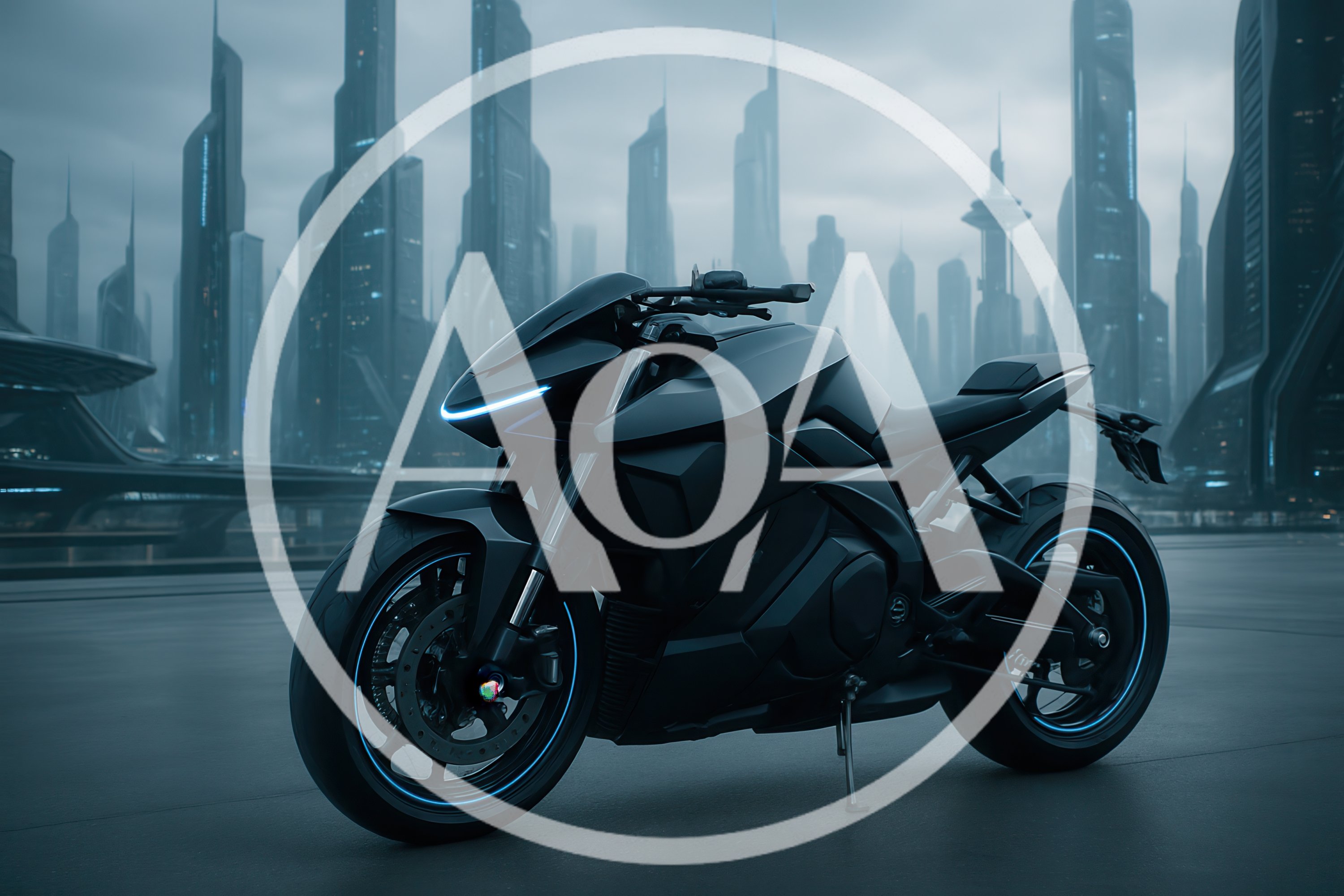 Futuristic Black Motorcycle Parked in Cyberpunk City