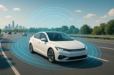 Autonomous White Sedan Driving on Highway