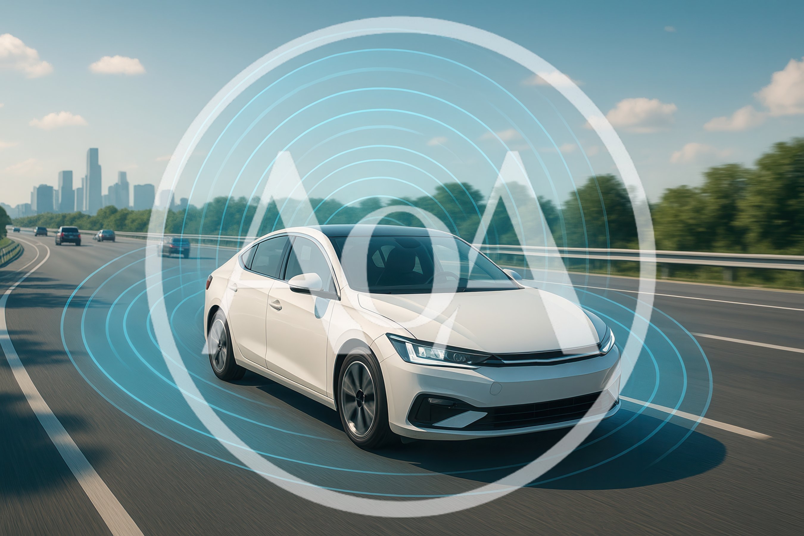 Autonomous White Sedan Driving on Highway