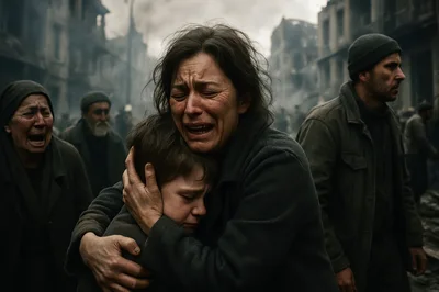 Grieving Mother Embracing Child Amidst War Torn City Ruins