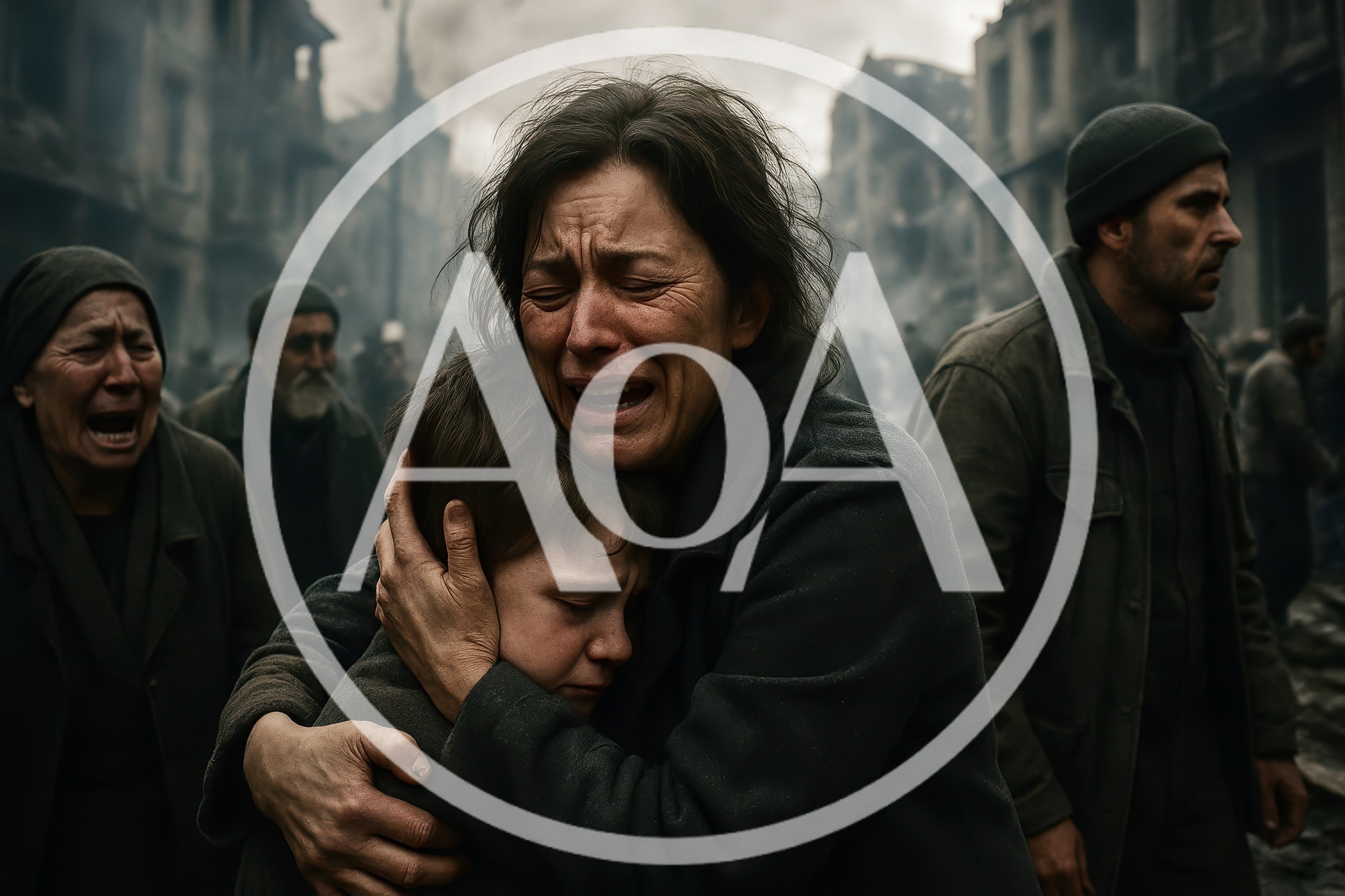 Grieving Mother Embracing Child Amidst War Torn City Ruins