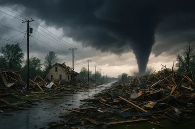 Devastating Tornado Aftermath With Destroyed Rural Landscape