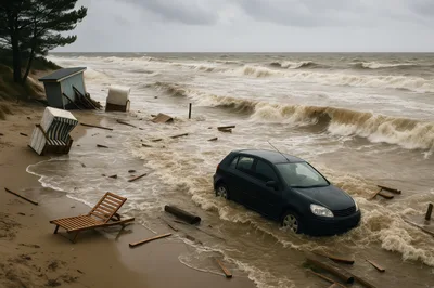 Car Stranded In Storm Surge On Sandy Beach