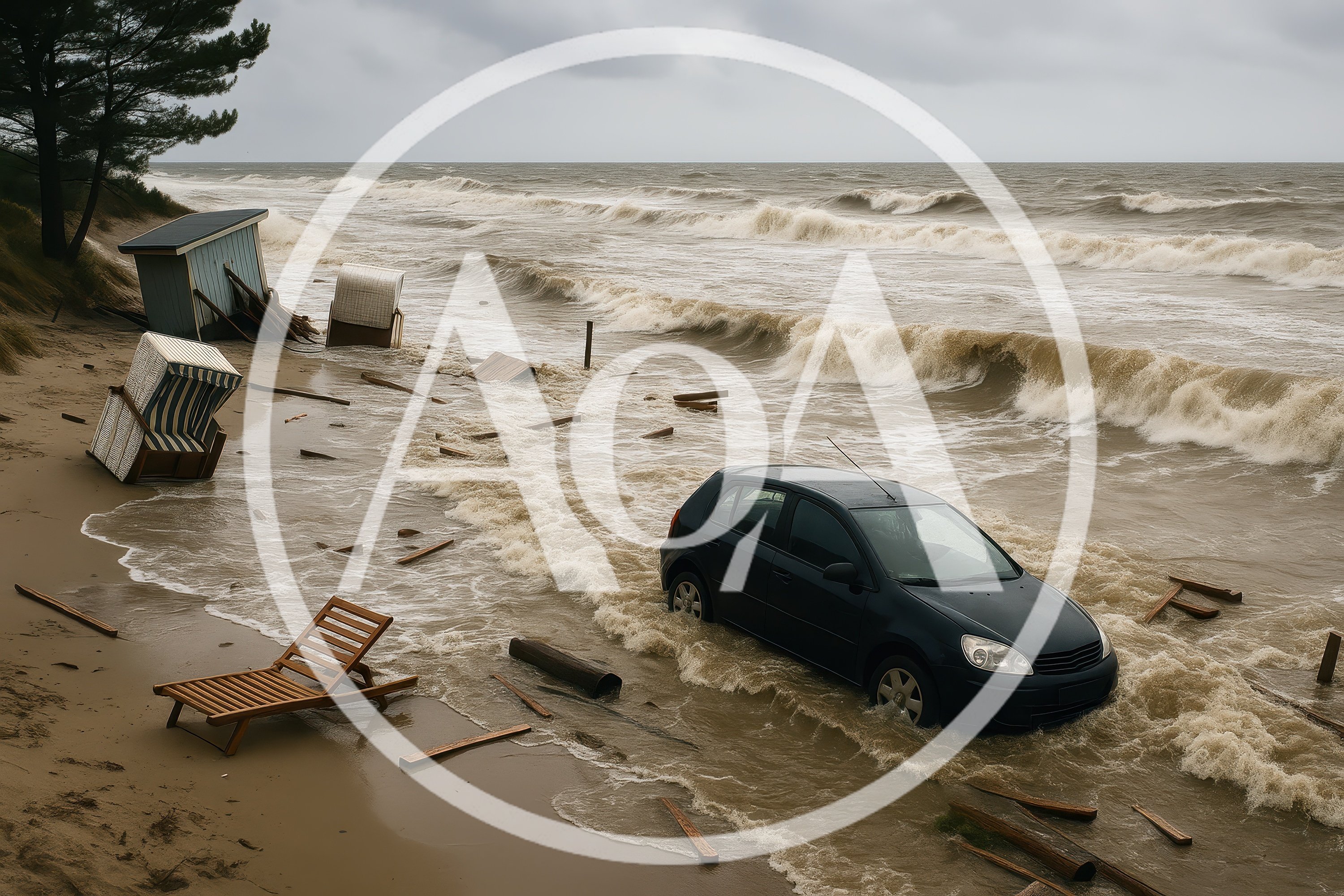 Car Stranded In Storm Surge On Sandy Beach