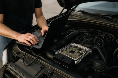Mechanic Diagnosing Car Engine Control Unit With Laptop