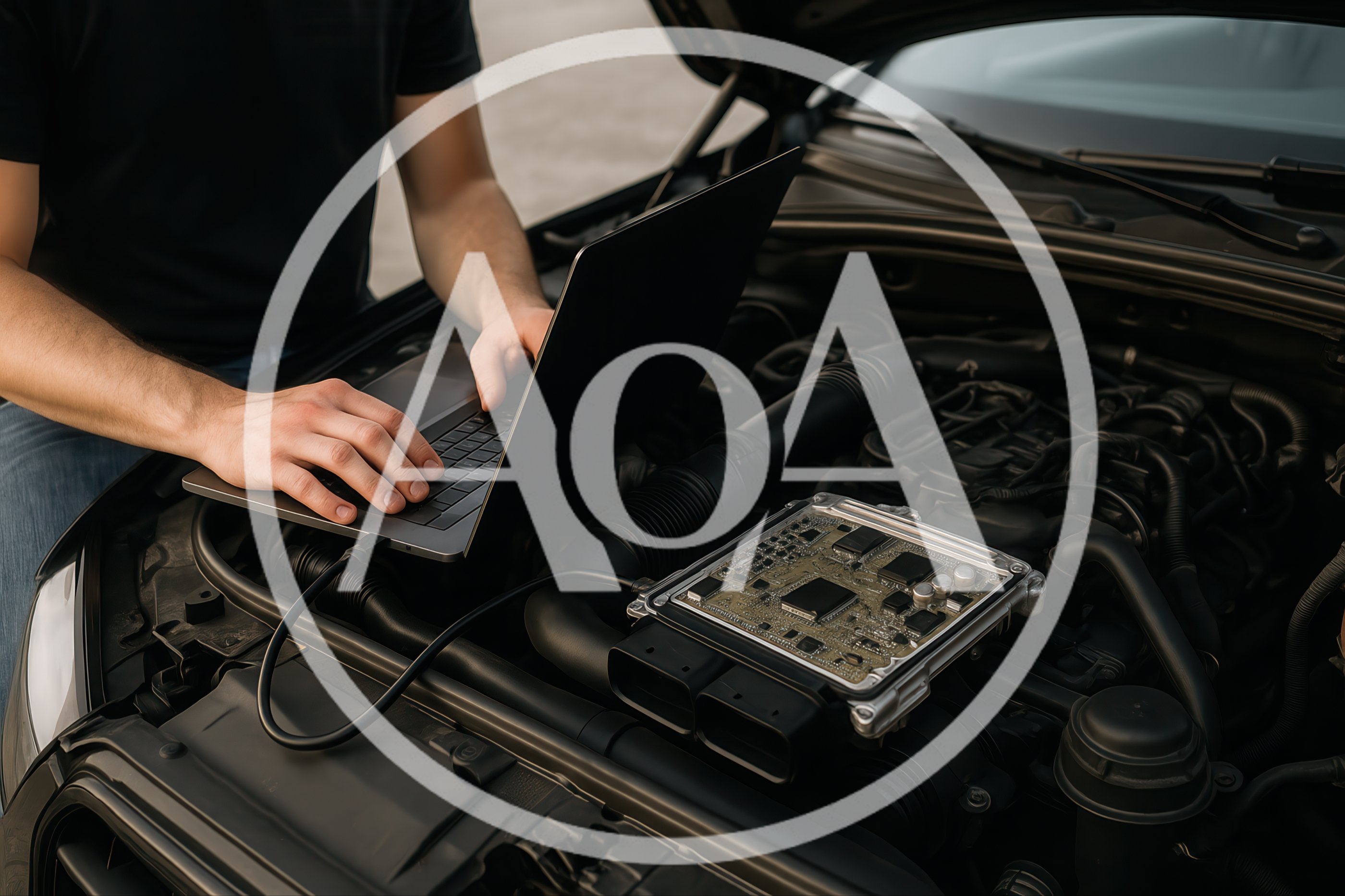 Mechanic Diagnosing Car Engine Control Unit With Laptop