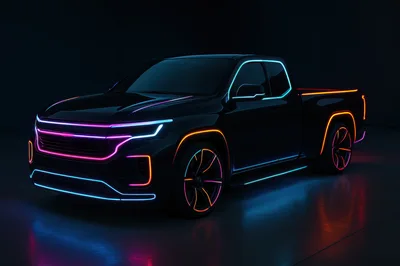 Futuristic Black Pickup Truck With Neon Lighting