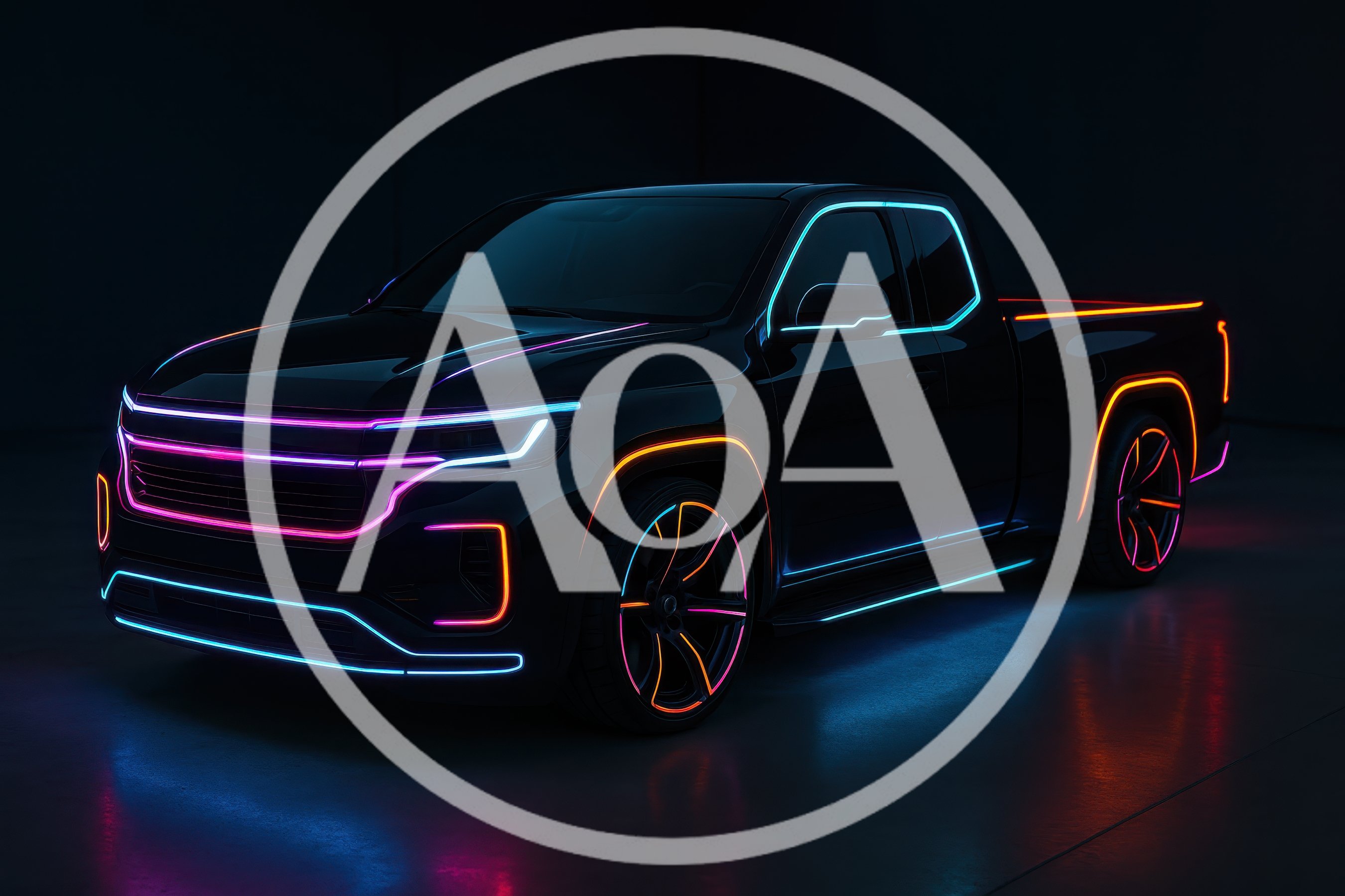 Futuristic Black Pickup Truck With Neon Lighting