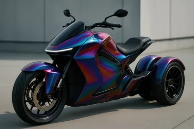 Futuristic Iridescent Three Wheeled Motorcycle Concept