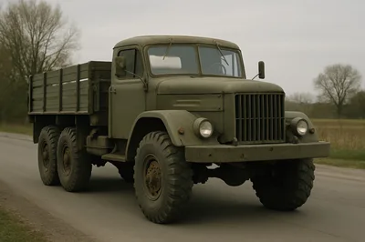 Vintage Military Cargo Truck Driving On Rural Road