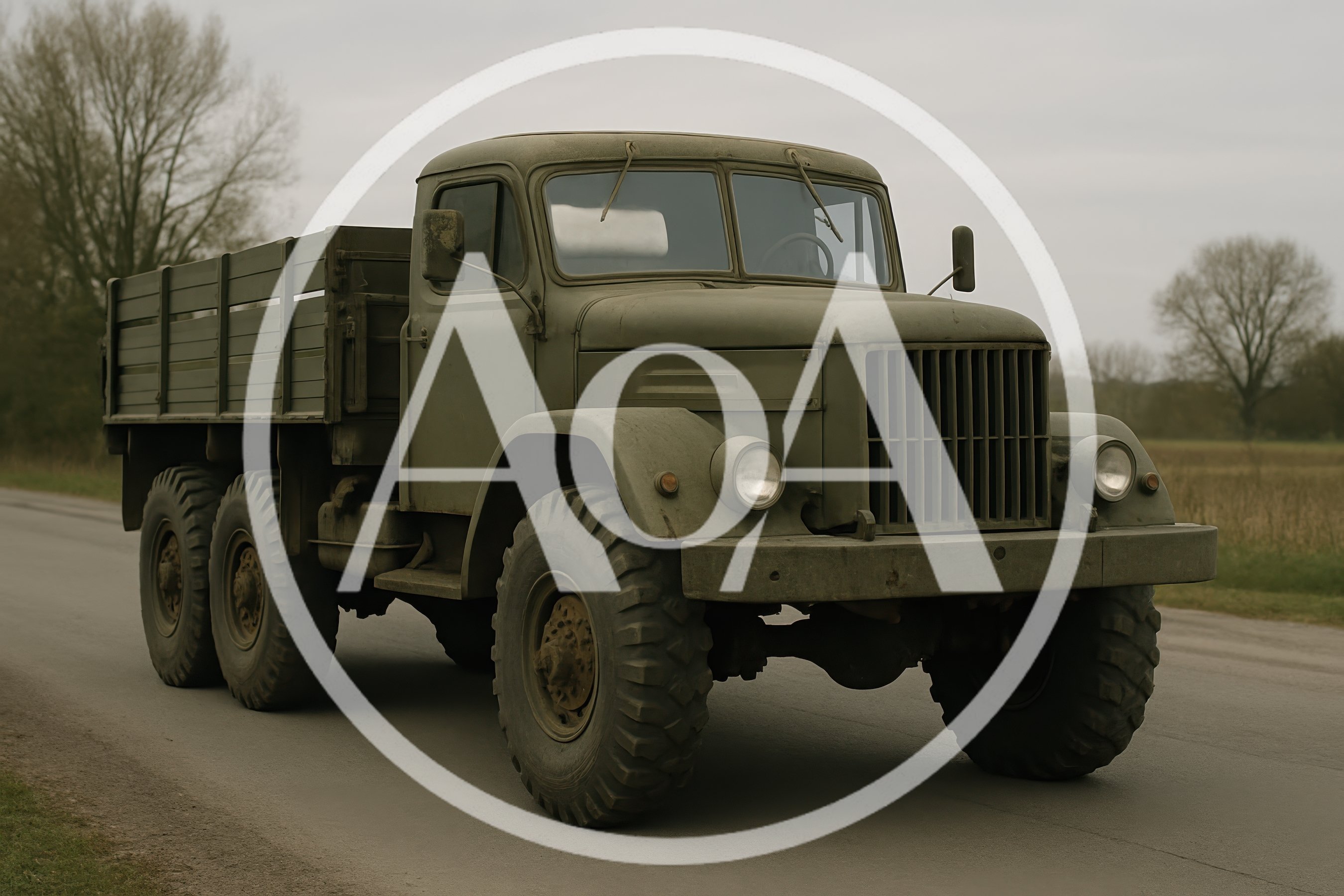 Vintage Military Cargo Truck Driving On Rural Road