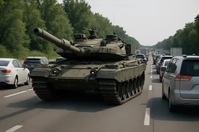 Military Tank Driving Through Heavy Highway Traffic