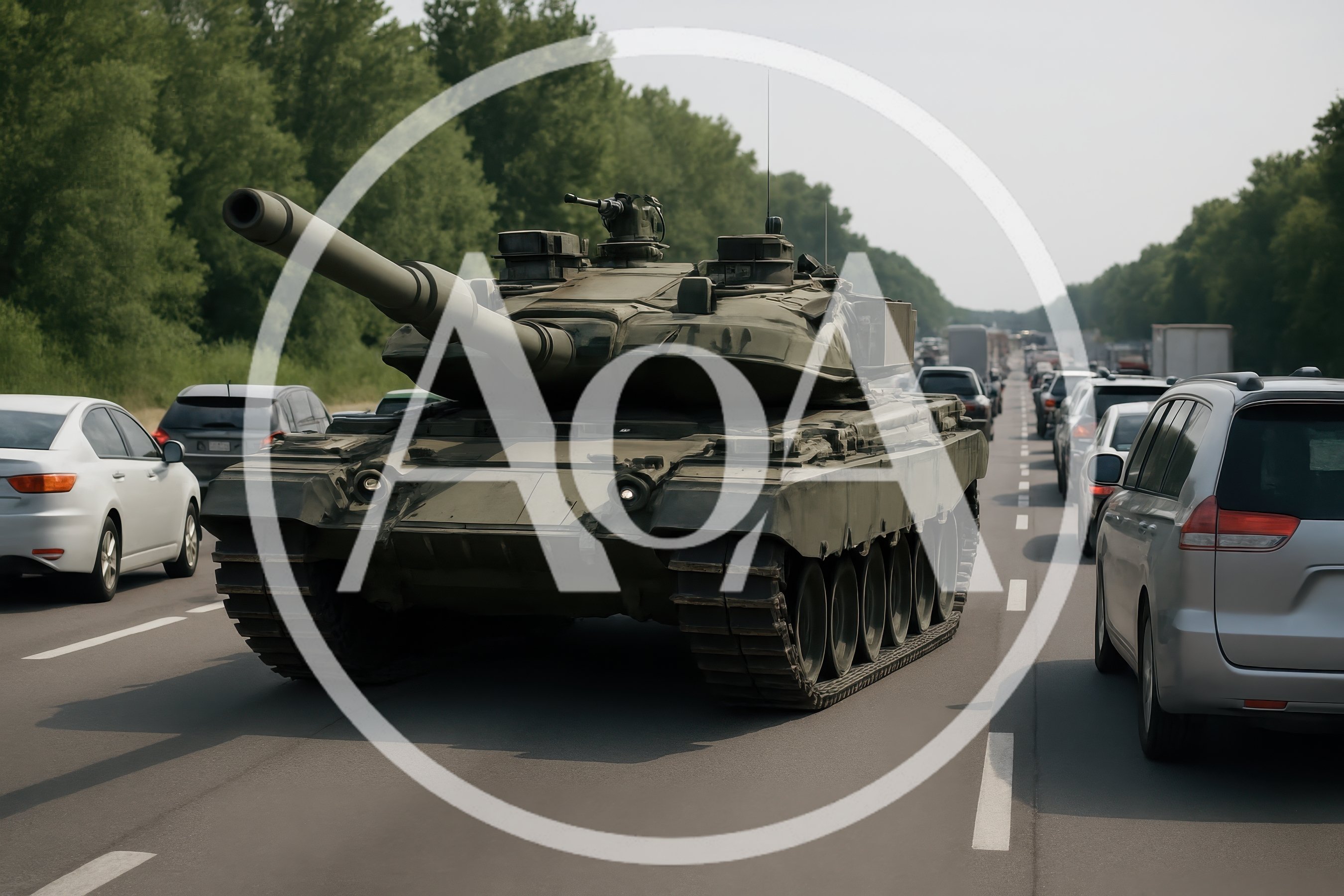 Military Tank Driving Through Heavy Highway Traffic