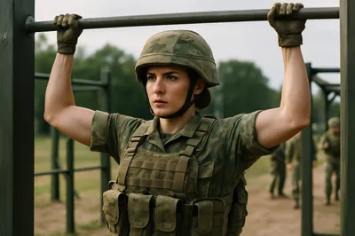 Female Soldier Performing Pull Ups At Military Training Camp