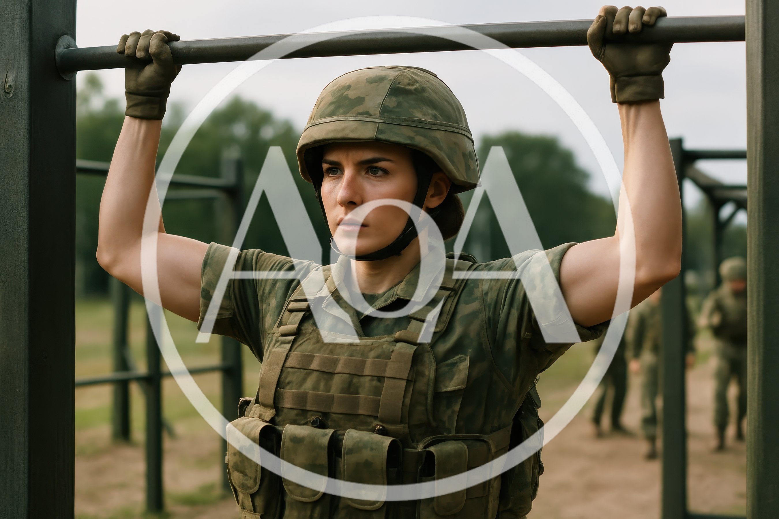 Female Soldier Performing Pull Ups At Military Training Camp