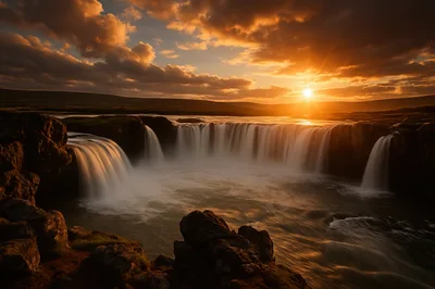 Godafoss Waterfall Under A Golden Sunset