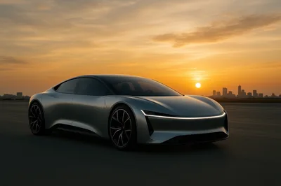 Futuristic Silver Electric Concept Car Driving At Sunset