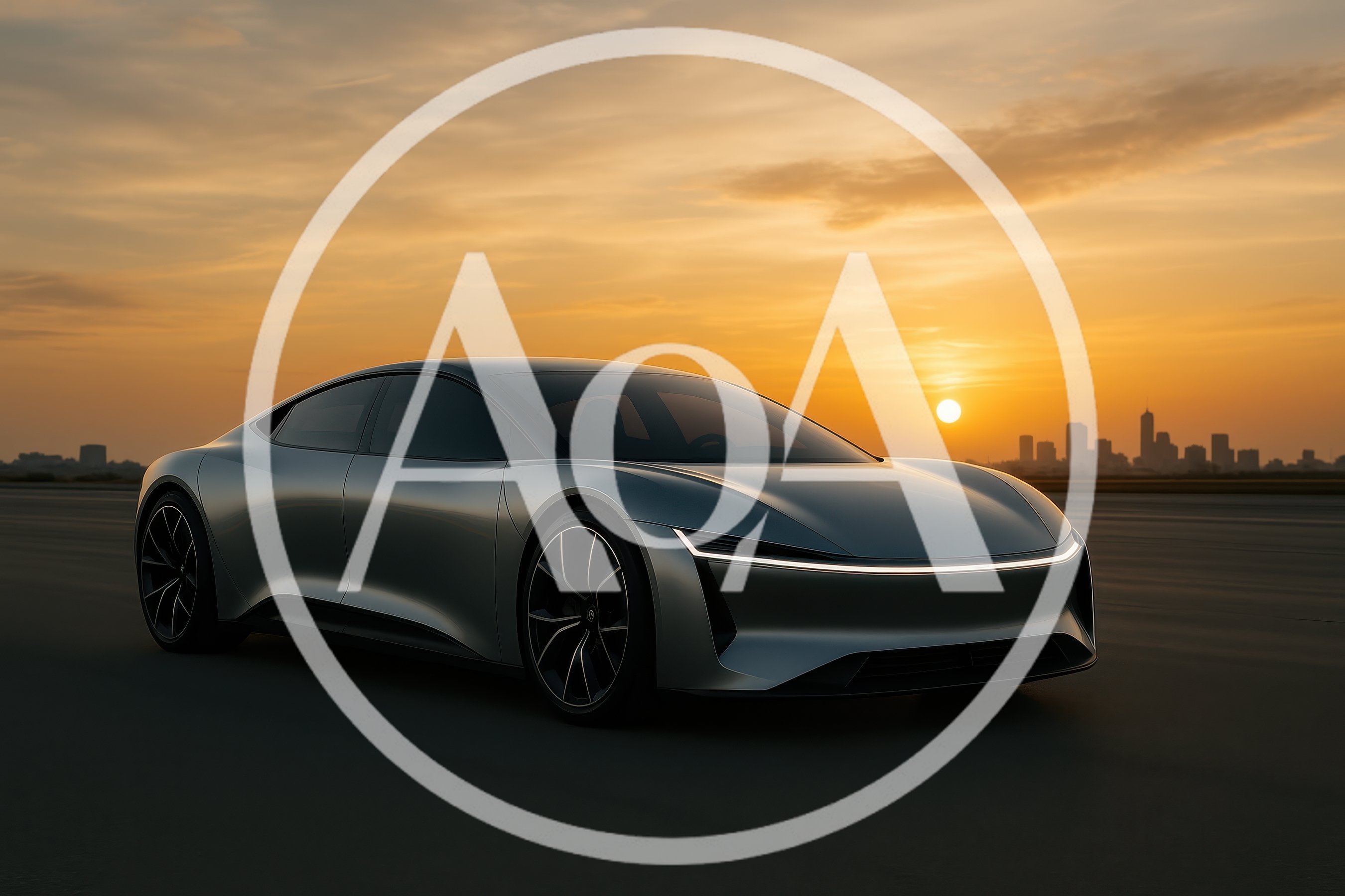 Futuristic Silver Electric Concept Car Driving At Sunset