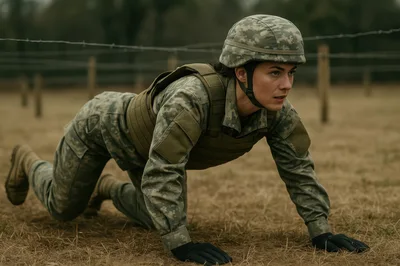 Female Soldier Crawling Through Military Obstacle Course