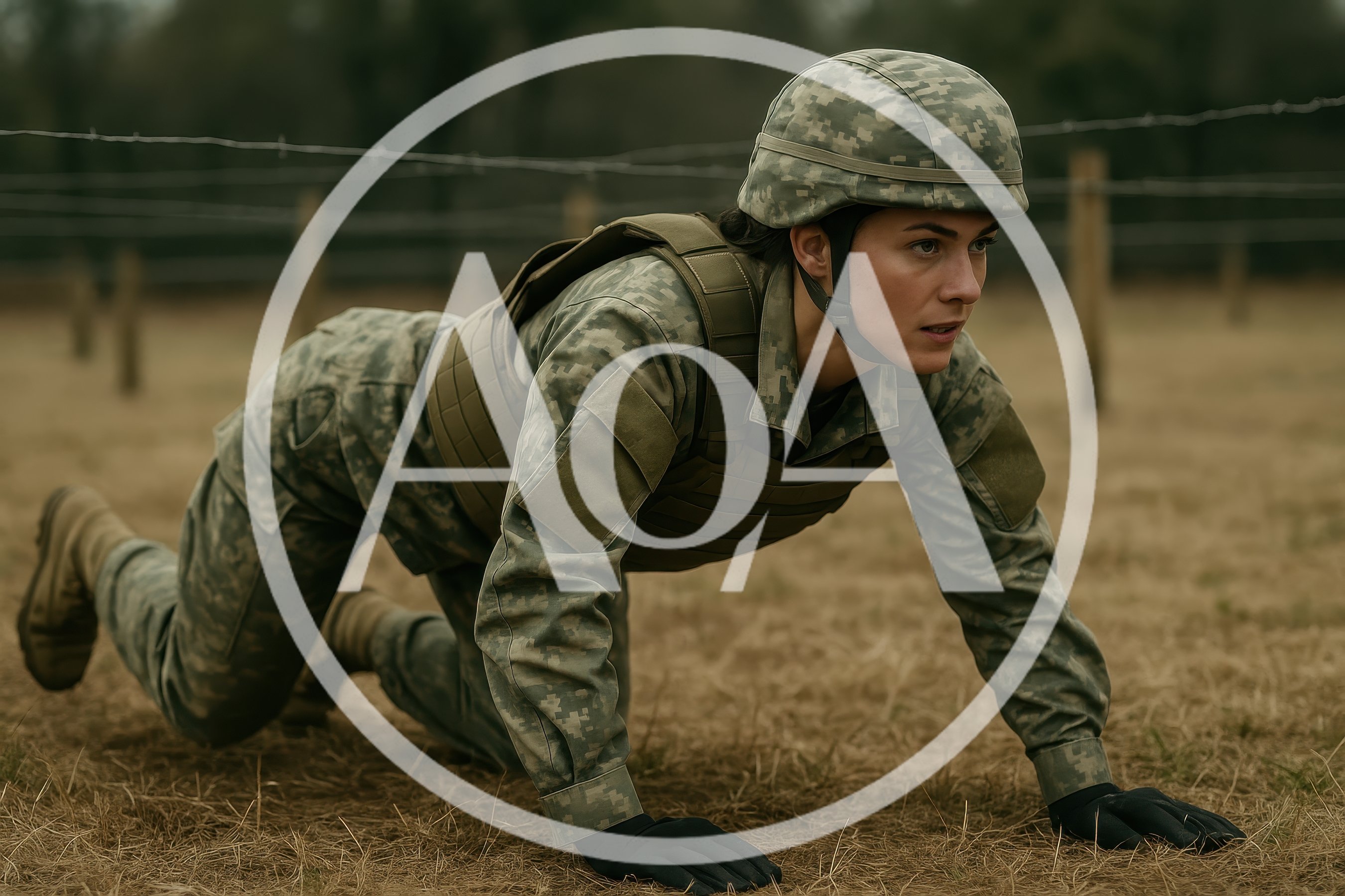 Female Soldier Crawling Through Military Obstacle Course
