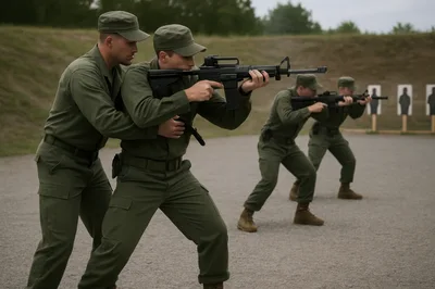 Soldiers Practicing Tactical Rifle Shooting At Outdoor Range