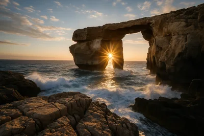 Azure Window Rock Formation At Sunset In Malta