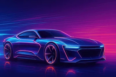 Futuristic Sports Car Driving Through Neon Light Trails