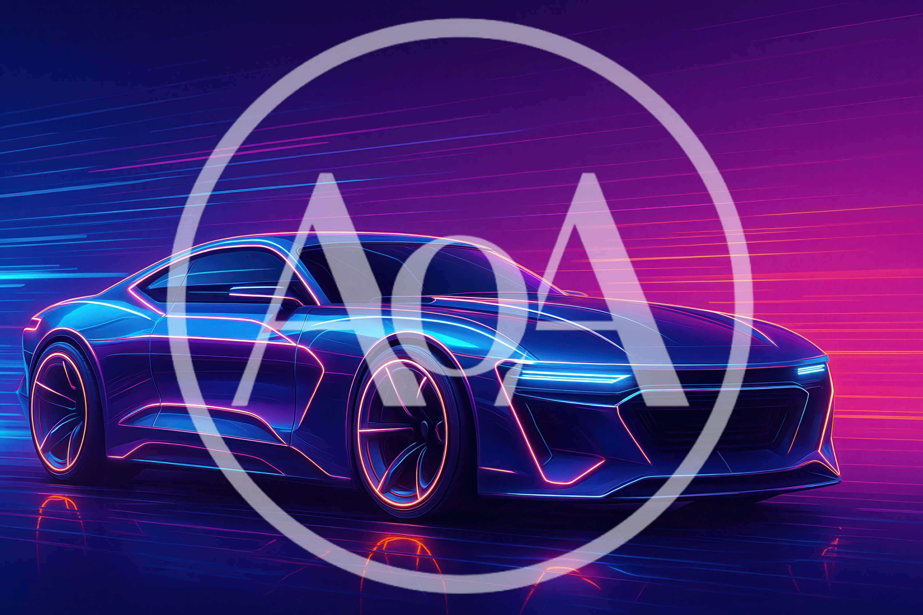 Futuristic Sports Car Driving Through Neon Light Trails