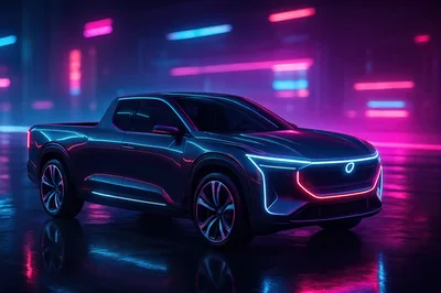 Futuristic Electric Pickup Truck In Neon Cityscape