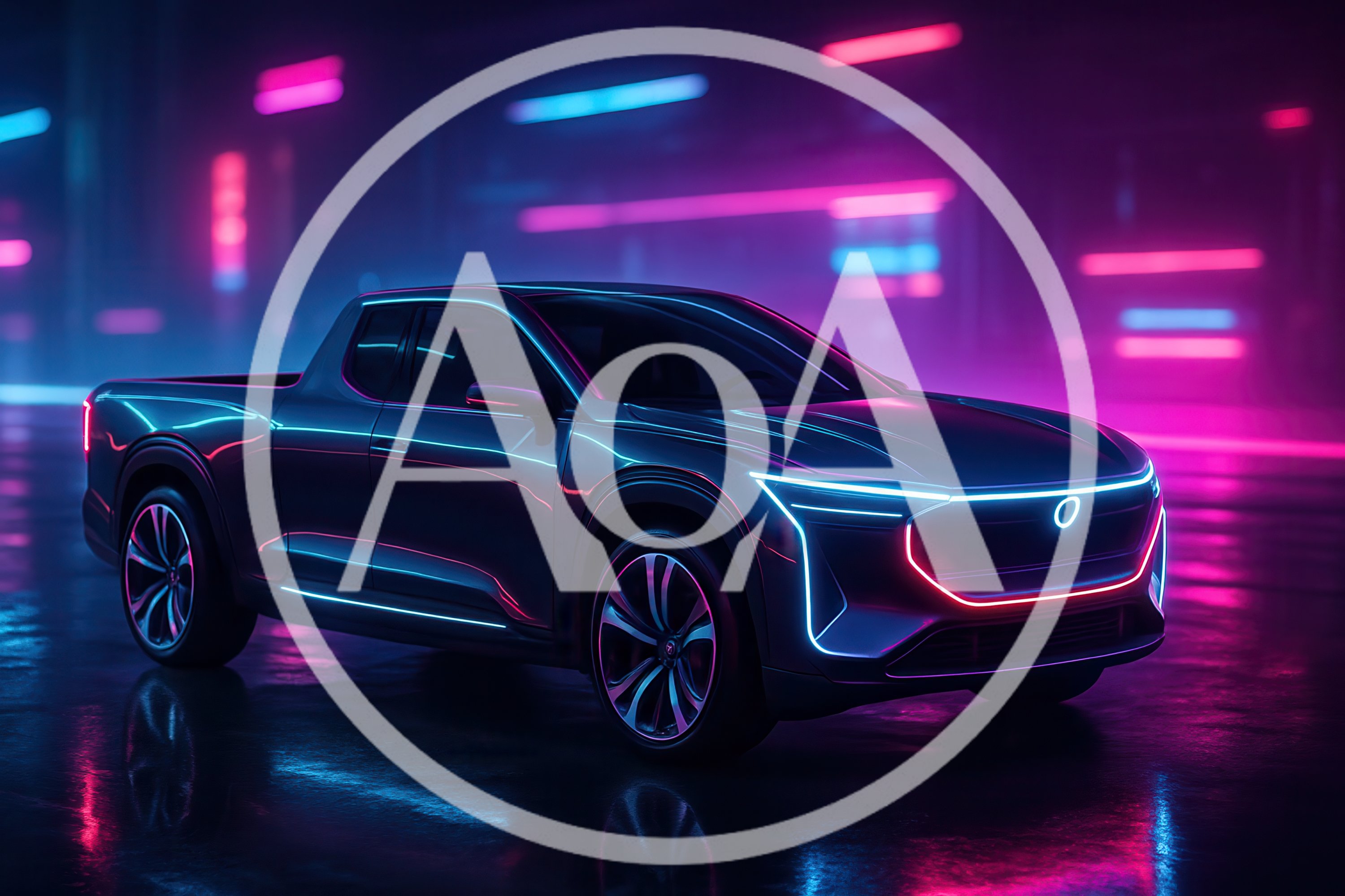 Futuristic Electric Pickup Truck In Neon Cityscape