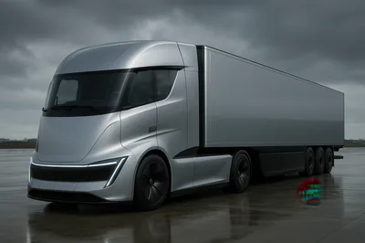Futuristic Silver Electric Semi Truck on Wet Tarmac
