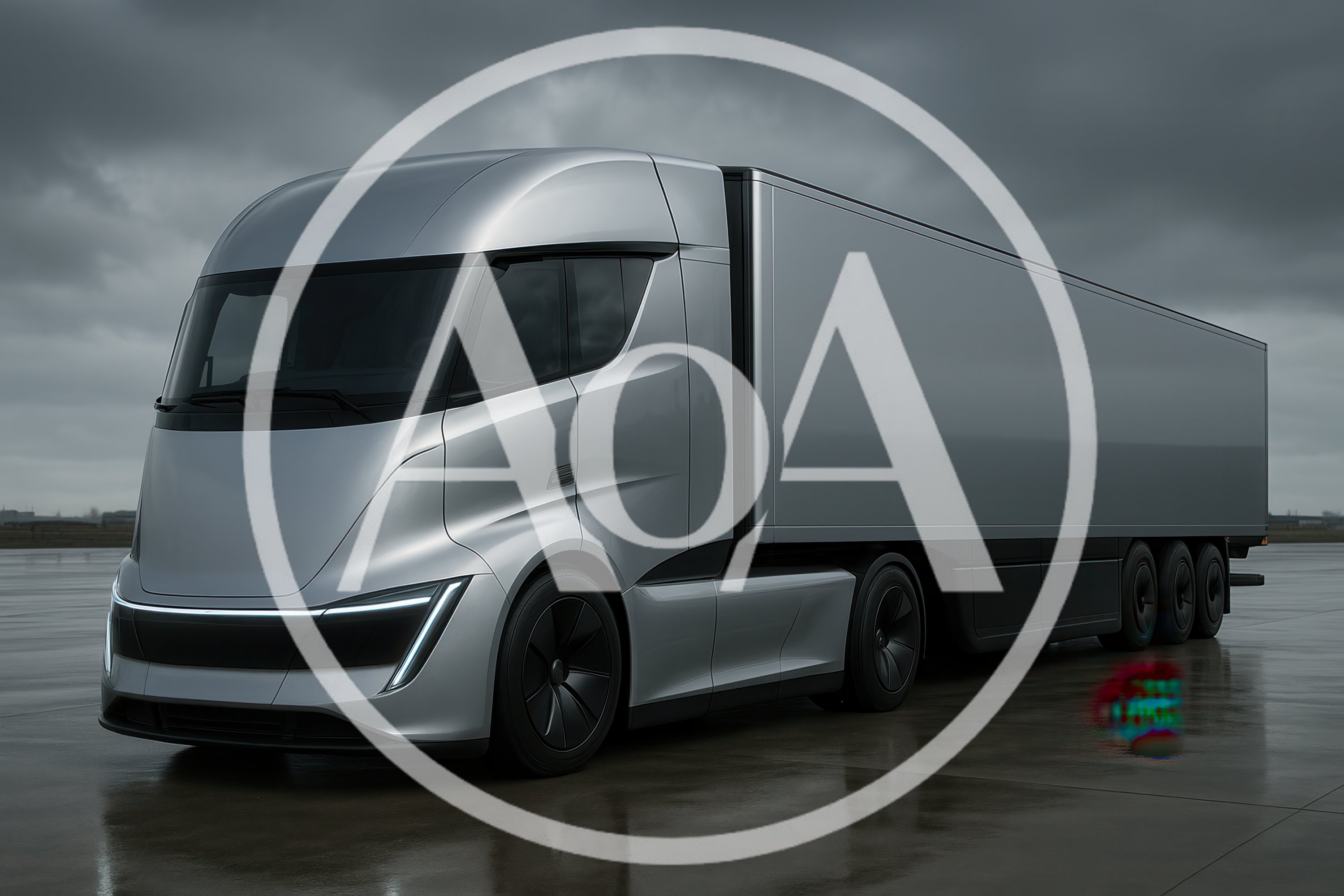 Futuristic Silver Electric Semi Truck on Wet Tarmac