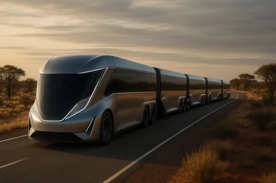 Futuristic Articulated Electric Bus Driving Through African Savanna