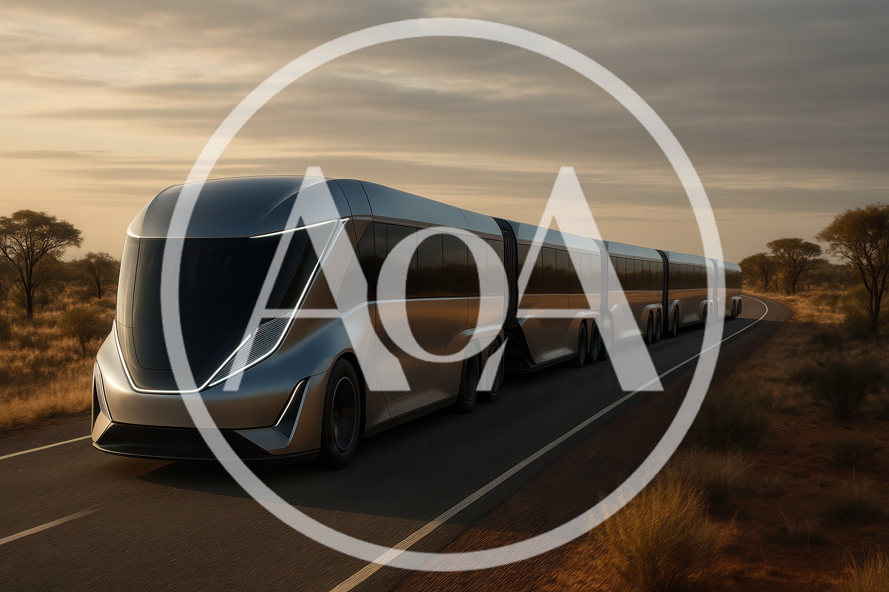 Futuristic Articulated Electric Bus Driving Through African Savanna