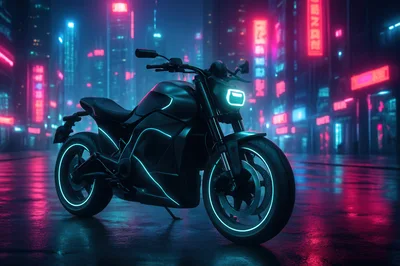 Futuristic Electric Motorcycle Parked In Neon City Street