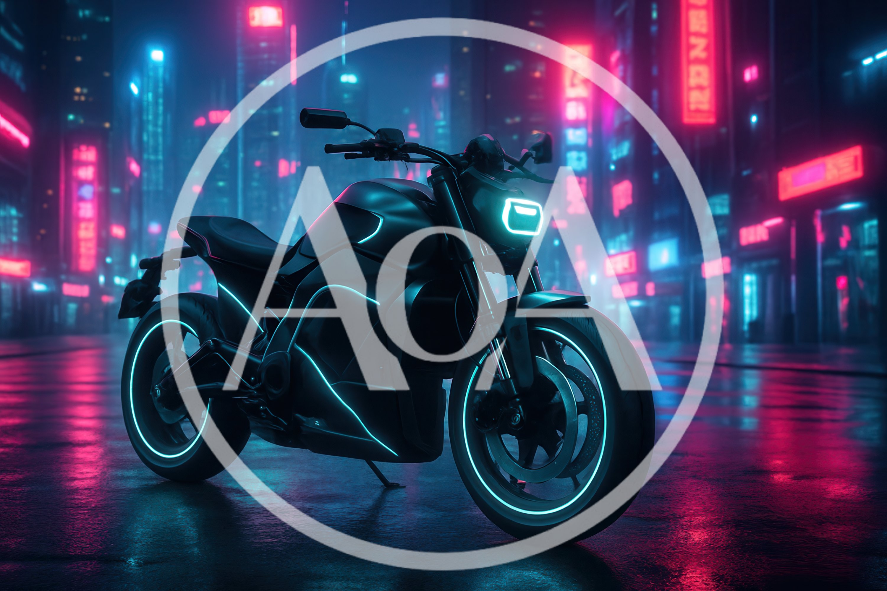 Futuristic Electric Motorcycle Parked In Neon City Street