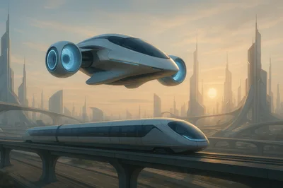 Futuristic Flying Vehicle And Monorail In Sci-Fi City