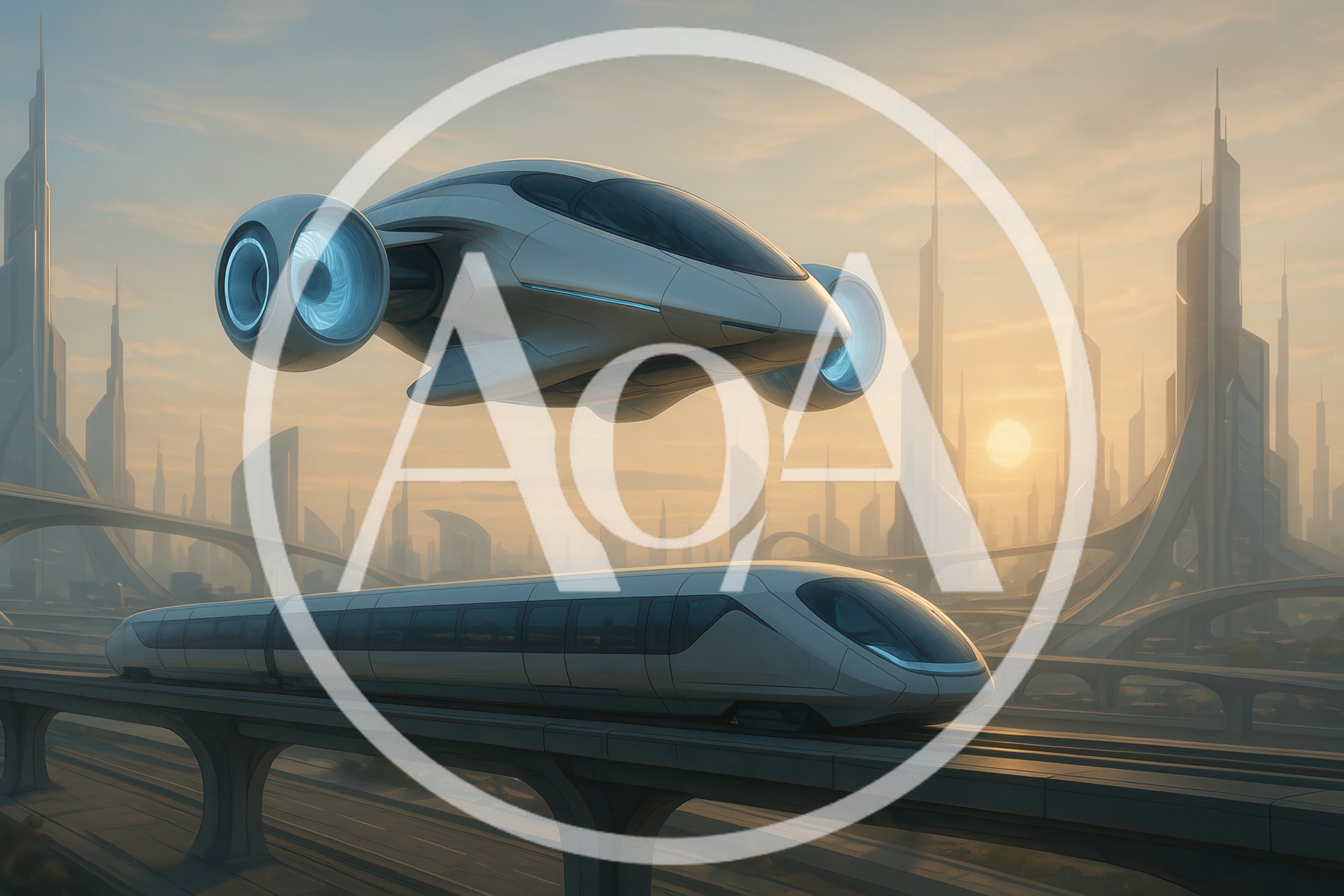 Futuristic Flying Vehicle And Monorail In Sci-Fi City