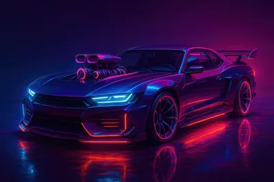 Cyberpunk Muscle Car With Glowing Neon Engine