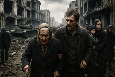 Refugees Walking Through A War Torn City