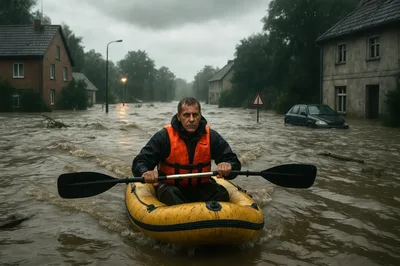Man Paddling Inflatable Boat Through Flooded Residential Street