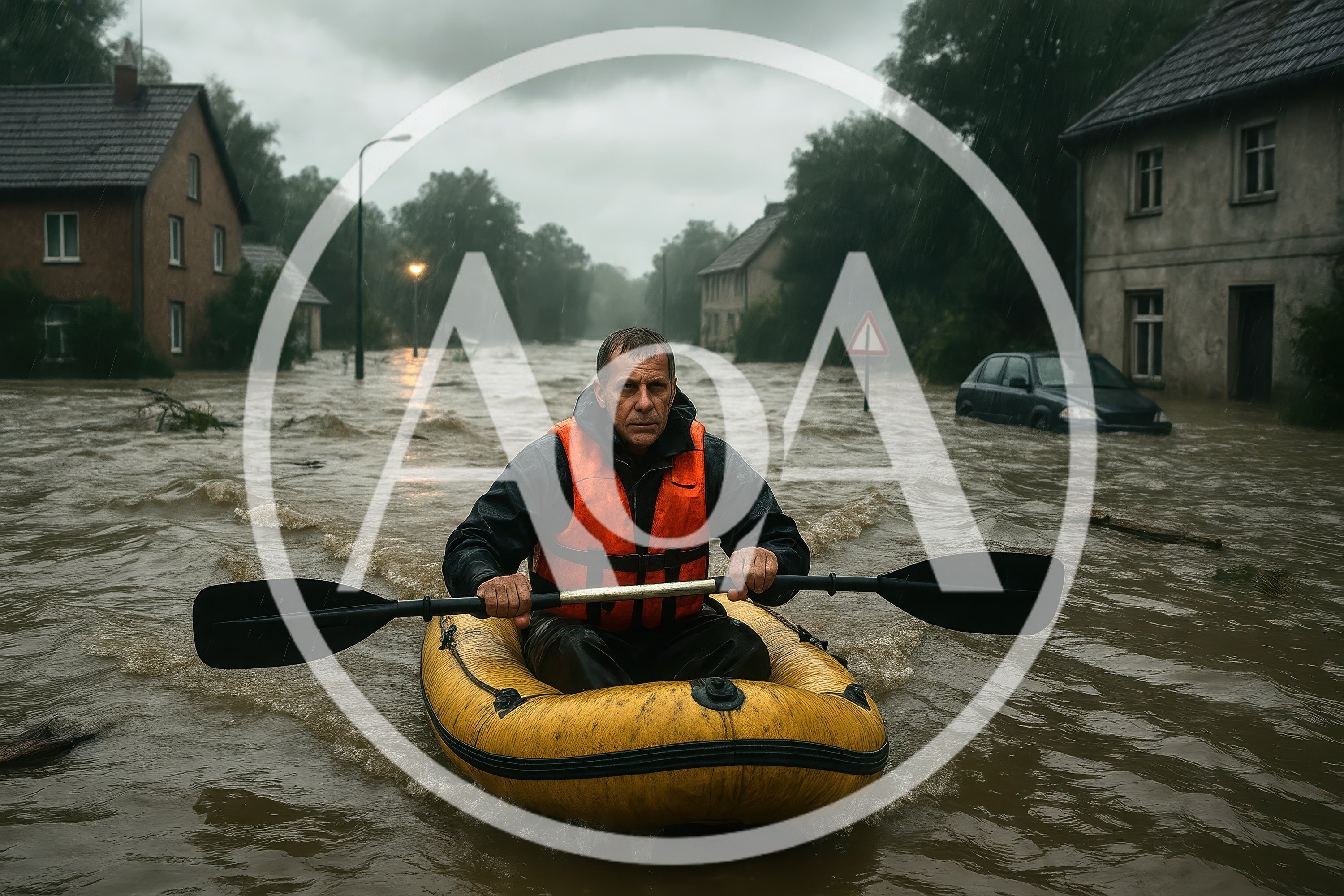 Man Paddling Inflatable Boat Through Flooded Residential Street