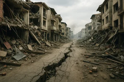 Devastated City Street After A Massive Earthquake